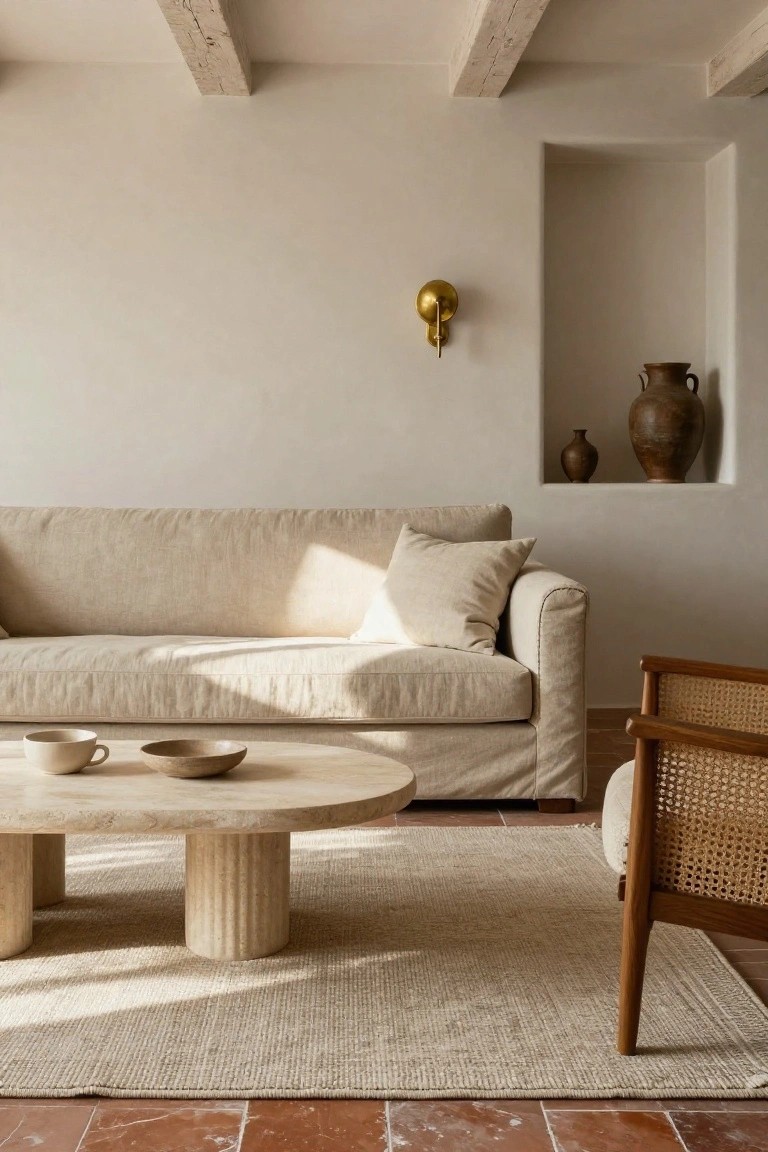 Beige linen-covered sofa in a neutral living room with fluted stone coffee table, rattan armchair, ceramic vessels on shelves, and terracotta tile floor.