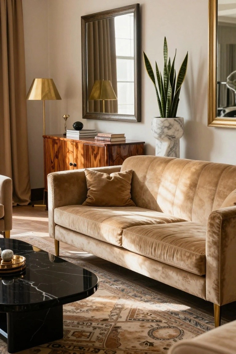 Sunlit living room with beige channel-tufted velvet sofa on brass legs, black marble coffee table, wooden credenza with books, brass floor lamp, potted snake plant, and gold-framed mirror.