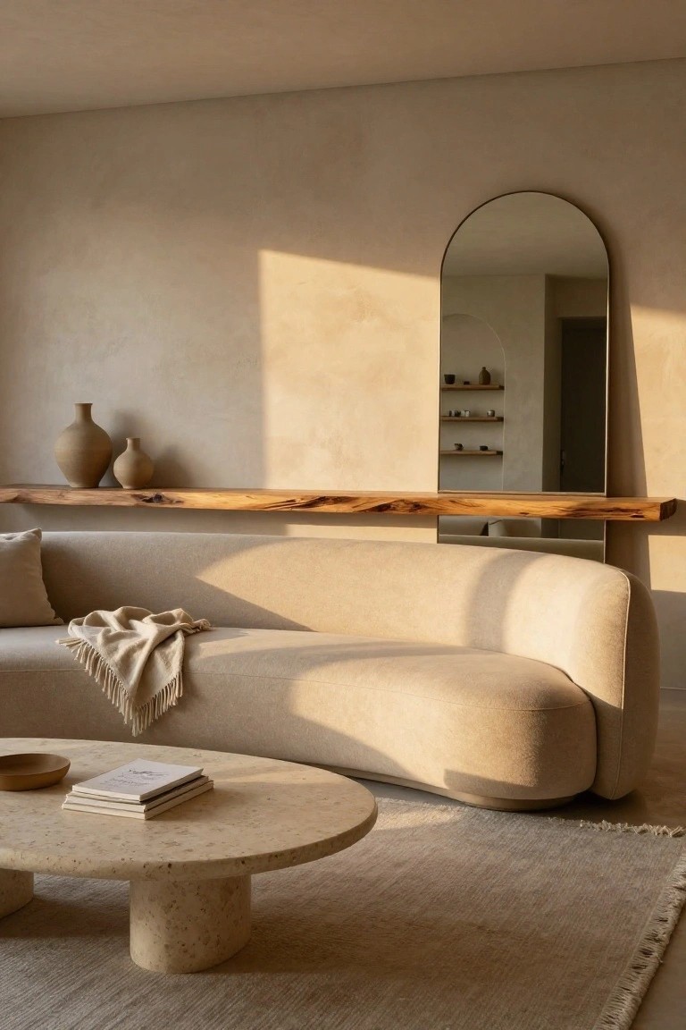 Curved beige sofa on a beige rug in a light neutral living room with wood shelf holding clay vases, round travertine coffee table with books, and tall arched mirror on plaster wall.