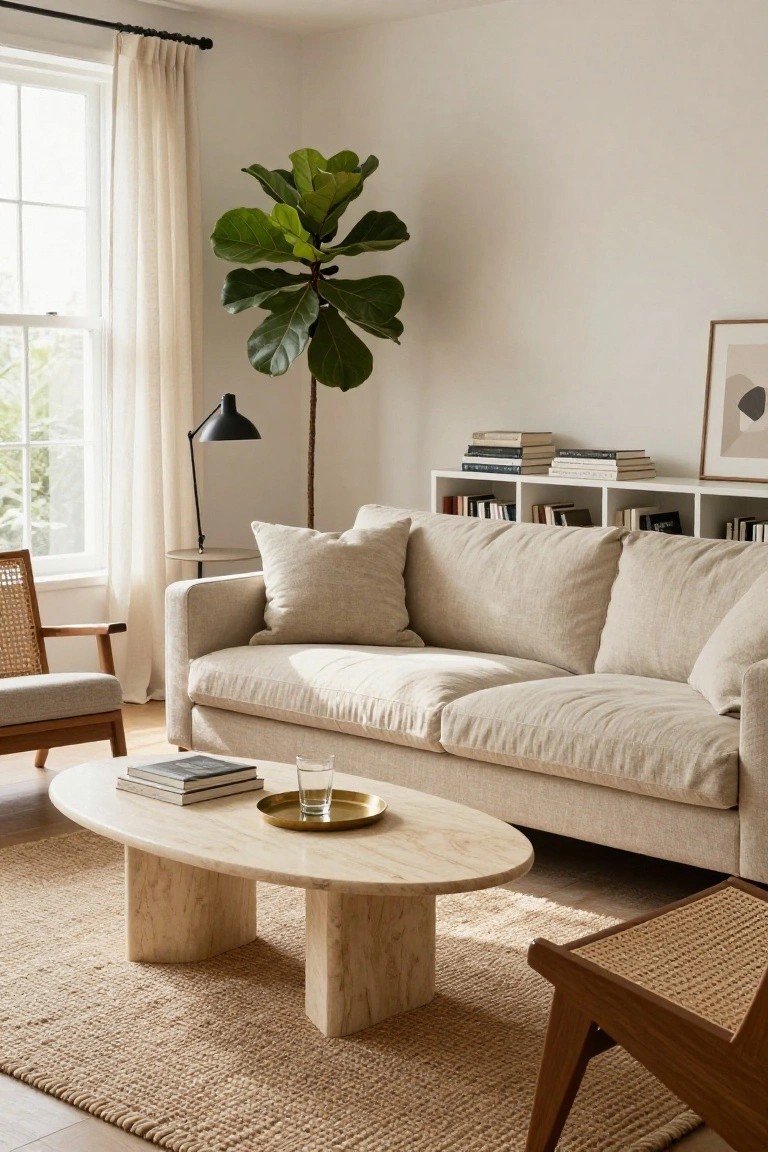 Light beige plush linen sofa in a neutral living room with oval travertine coffee table, rattan chairs, fiddle leaf fig plant beside a window, black arc lamp, and white built-in bookshelves.