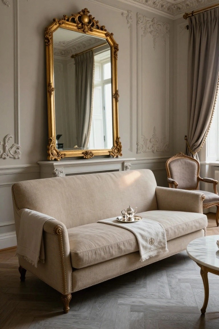 A large gold-framed mirror above a fireplace reflects a window with gray curtains in a room featuring a beige linen sofa with throw blanket and tea tray, marble coffee table, small upholstered chair, and parquet wood floor.