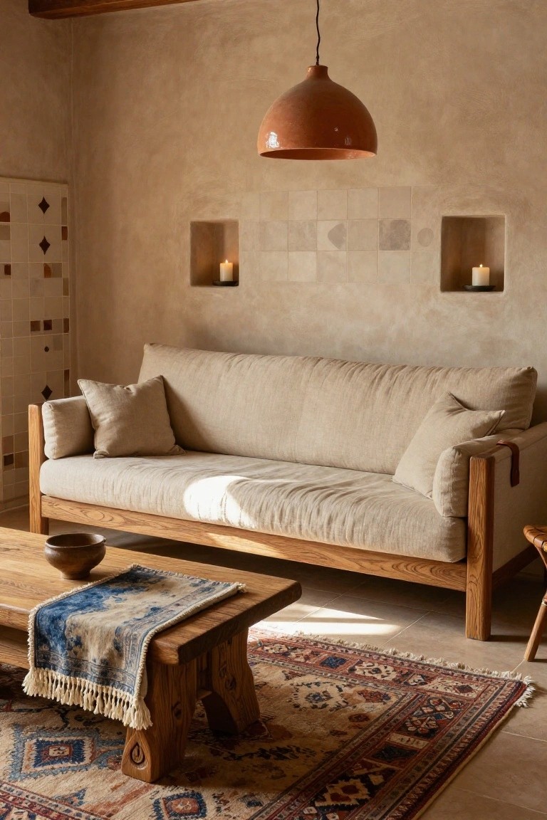 Beige linen sofa with wooden frame and cushions in a neutral room with beige clay walls, wall niches holding candles, hanging terracotta lamp, low wooden coffee table with blue runner, and patterned rug on terracotta floor.