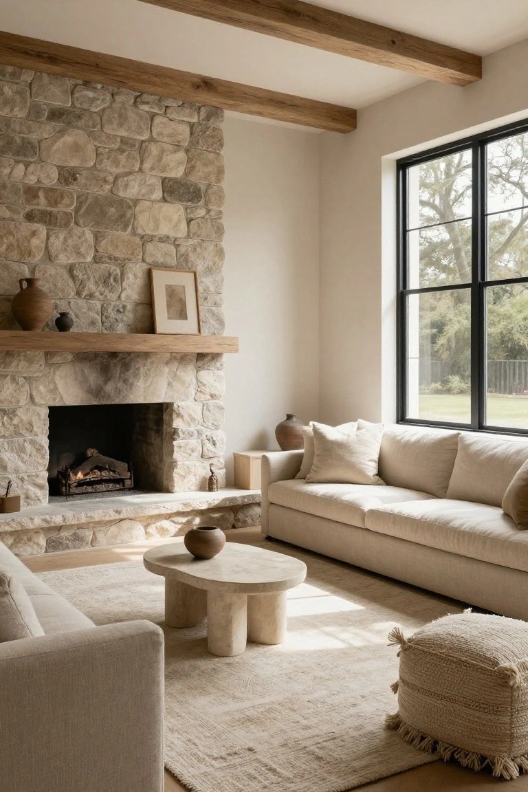 Living room with large slouchy beige sofa facing stone fireplace, wooden beams on white ceiling, neutral rug, travertine coffee tables, pottery accents, and large black-framed windows overlooking trees and yard.