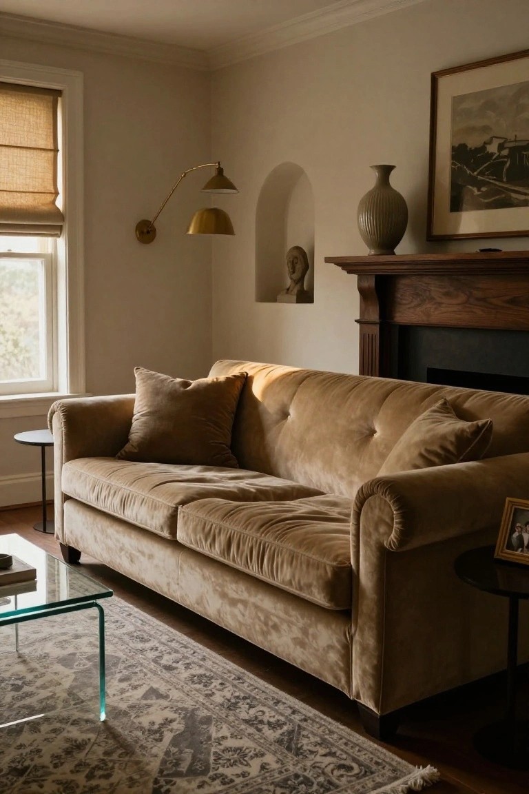 Beige tufted velvet sofa in a light neutral living room with wood fireplace, arched wall niche, window with shades, glass coffee table, and black side tables.