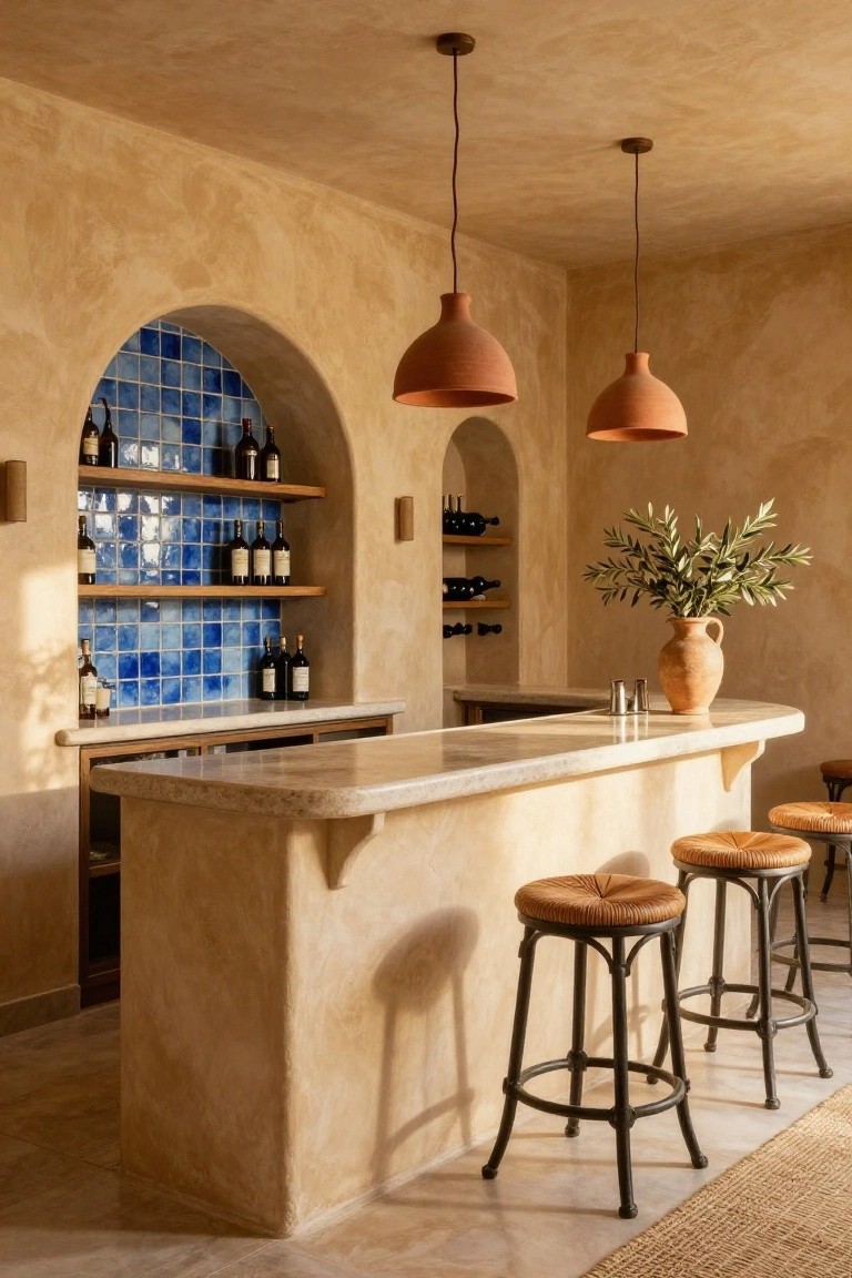 Home bar interior with beige plaster walls, an arched niche lined in blue tiles holding wine bottles on wooden shelves, terracotta pendant lights over a curved light stone countertop, leather stools, and olive branches in a terracotta vase.