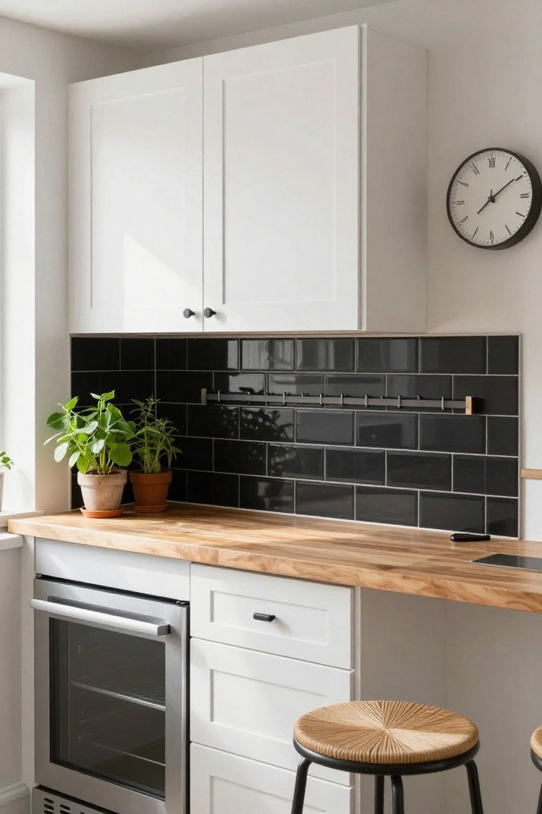 Kitchen bar area with white cabinets, oak wood countertop, glossy black subway tile backsplash, potted herbs, integrated oven, wall clock, and two stools including a rattan one with black legs.
