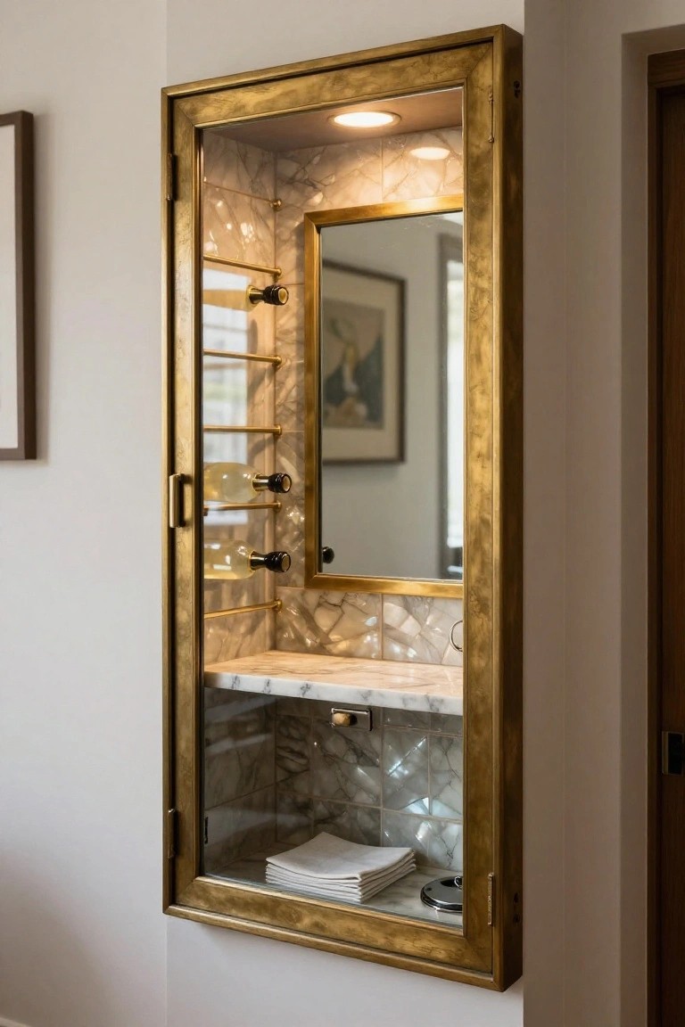 Tall gold-framed glass cabinet mounted on a white wall, with gold wine racks holding two white wine bottles, a marble shelf holding folded white towels and a metal dish, backlit mother-of-pearl tiled interior, and an integrated rectangular mirror.