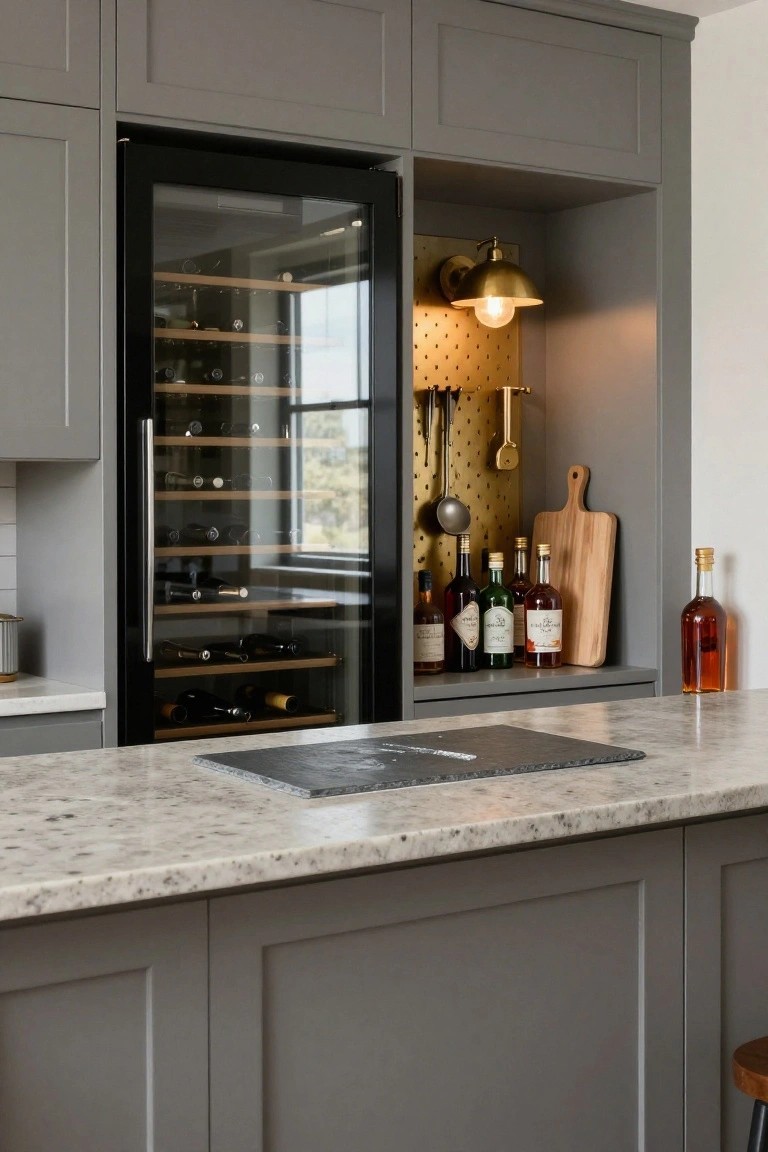Gray shaker cabinets in a kitchen with tall built-in black glass-door wine fridge filled with wine bottles, adjacent open shelving displaying liquor bottles and gold pegboard with hanging utensils, white quartz countertop and wood bar stool.