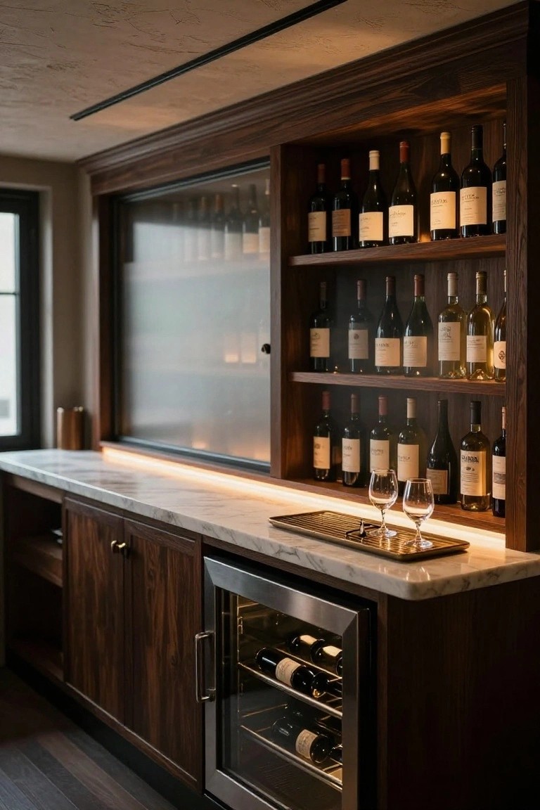 Dark wood floor-to-ceiling cabinetry with open shelves displaying rows of wine bottles, a marble countertop holding wine glasses and a tray, an integrated wine refrigerator, and a glass door behind in a modern interior.