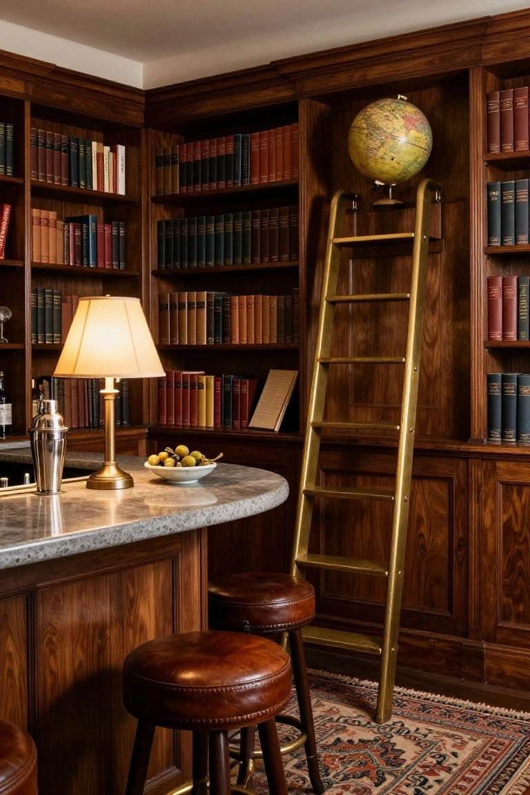 Wood-paneled library room with floor-to-ceiling bookshelves, golden rolling ladder, curved gray marble bar counter with two leather stools, brass lamp, globe, and bar accessories.
