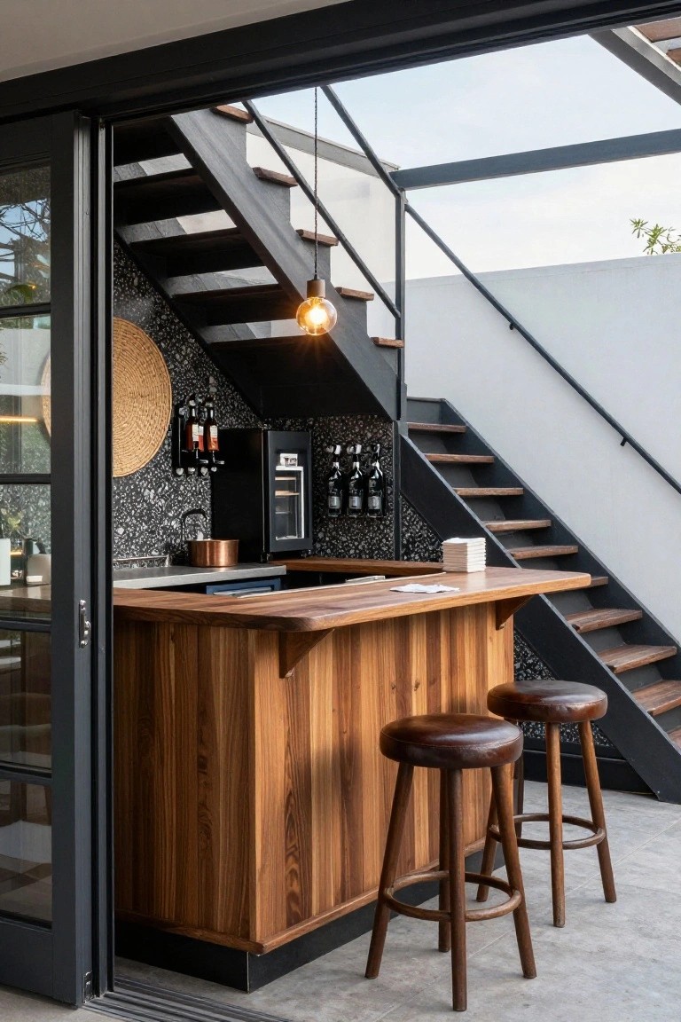 Wooden bar counter with slatted cabinetry, two leather bar stools, wine fridge, bottle racks on patterned wall, black metal stairs, and open sliding glass doors to outdoors.