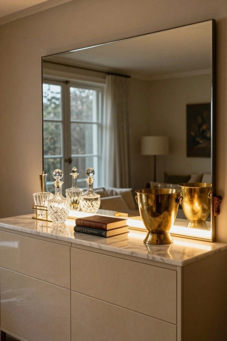 Beige six-drawer console table with white marble top holding two crystal decanters, brass ice buckets, books, and a candle holder, in front of a tall rectangular mirror reflecting a living room with sofa, lamp, and window.
