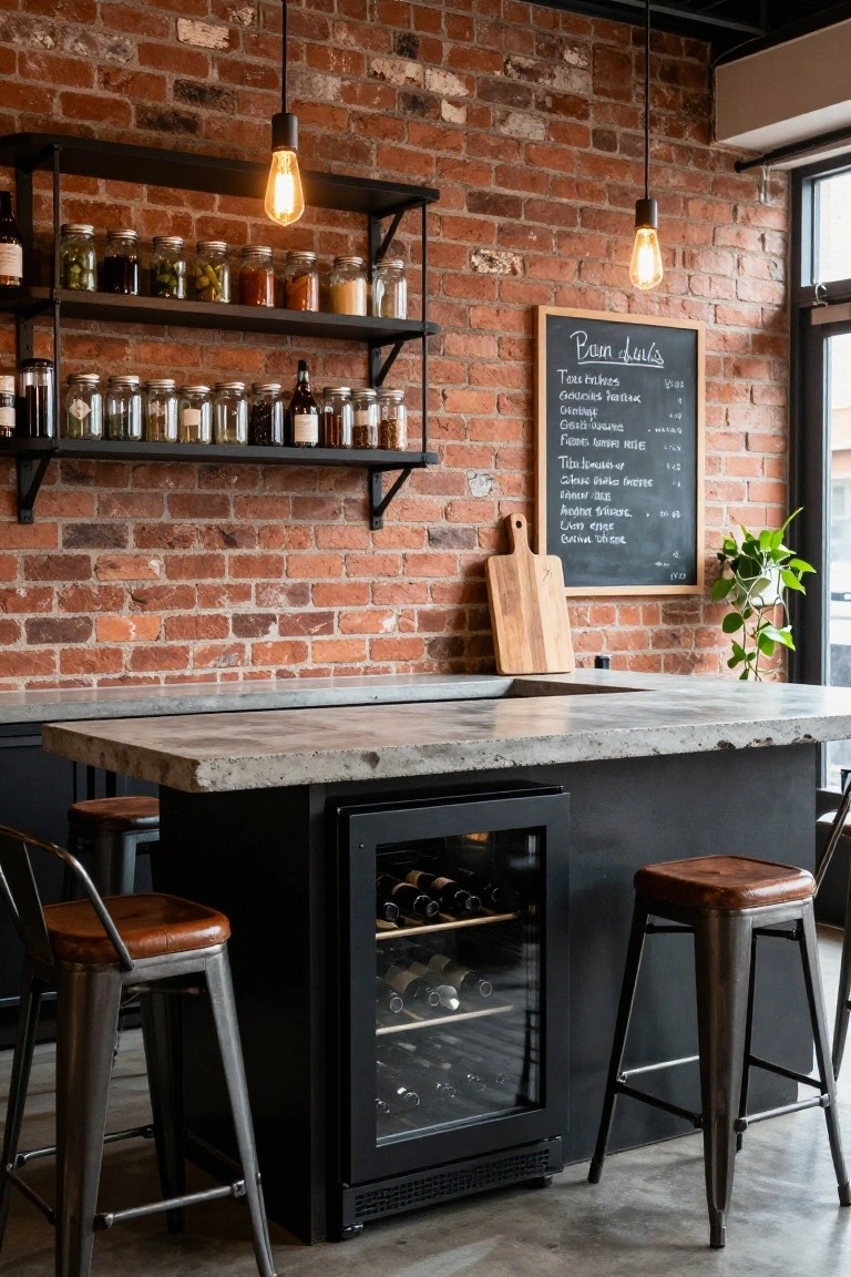 Home bar area with exposed brick walls, black metal open shelving stocked with glass jars and bottles, concrete-topped island counter with built-in wine cooler and black cabinets, wooden cutting board, chalkboard menu, and metal bar stools with leather seats.