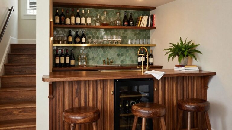 Wooden home bar cabinet with wine cooler, brass faucet, green tile backsplash, and bar bottles under a white staircase with black railing and wood stool.