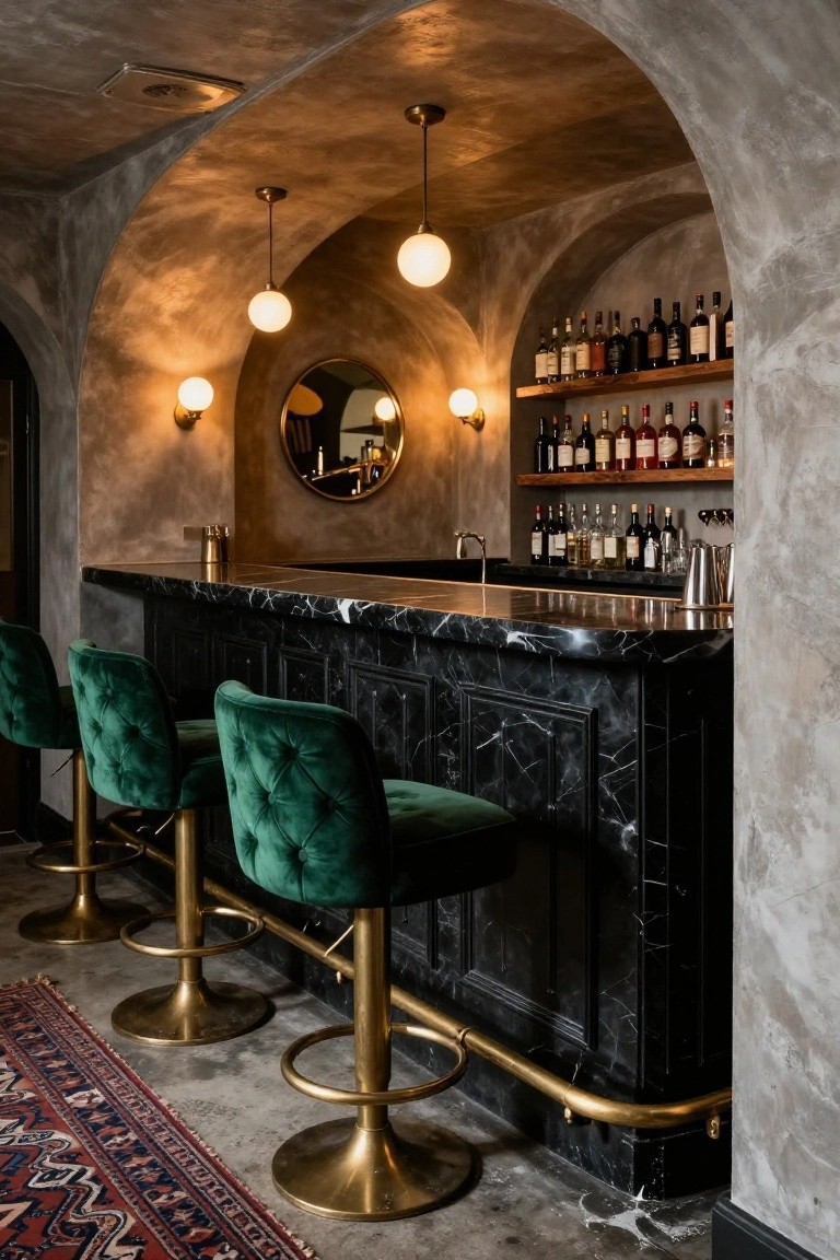 Home bar interior with black marble countertop, four green tufted velvet barstools on brass bases, arched plaster walls, liquor bottle shelves, round mirror behind the bar, wall sconces, and hanging globe lights.