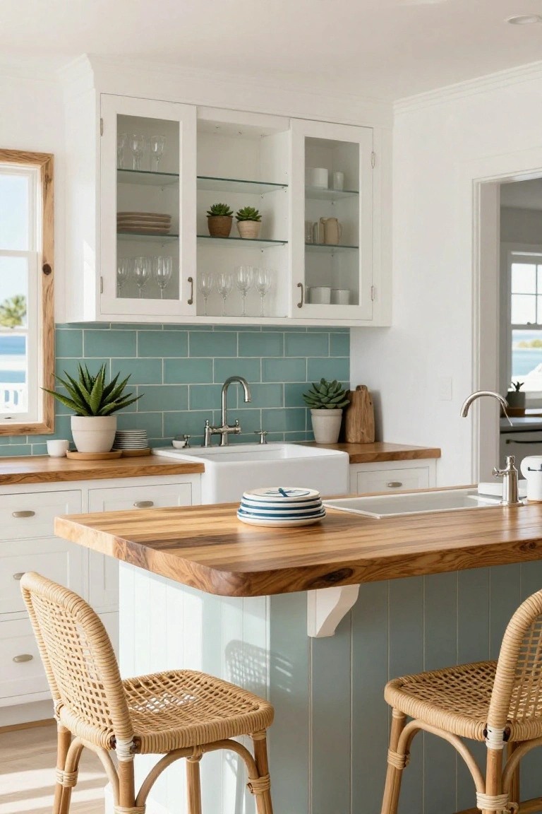 Kitchen interior with white shaker cabinets, glass-front upper cabinets displaying dishes and glassware, teal subway tile backsplash, farmhouse sink, wooden island countertop holding plates, and rattan bar stools.