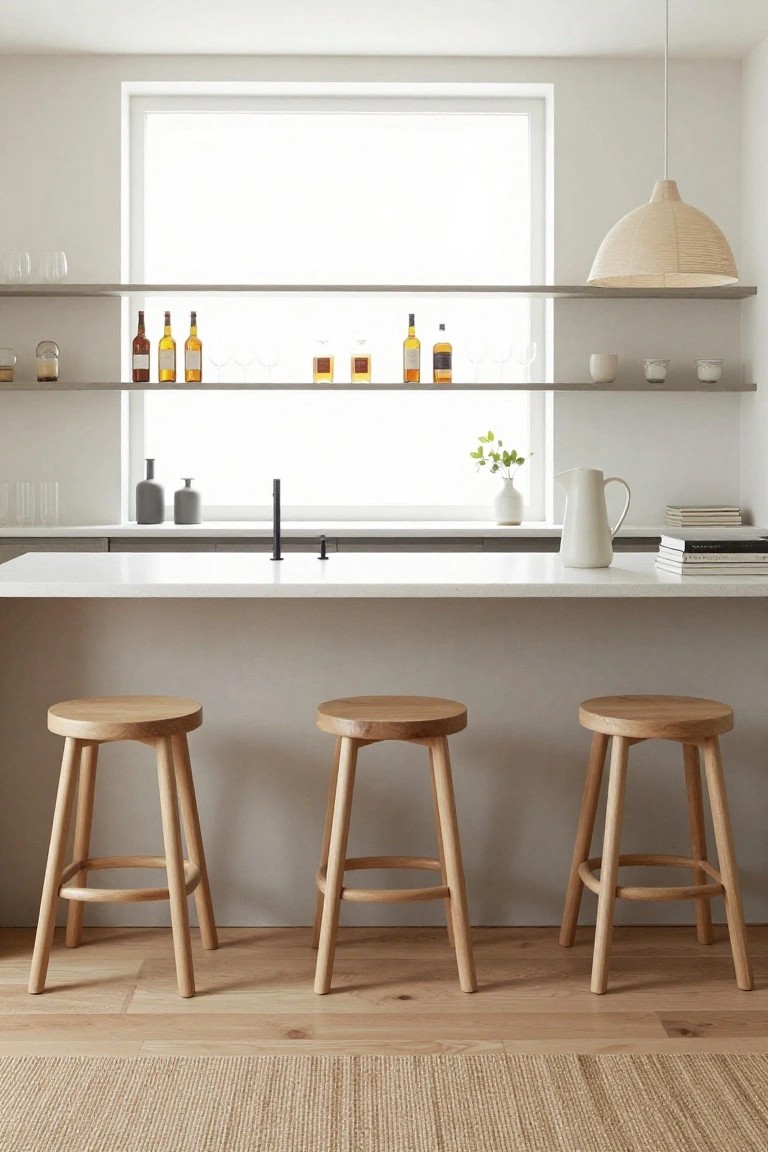 Minimalist white kitchen island bar with three round wooden stools, open gray shelves displaying liquor bottles and glassware, black faucet, potted plants, and large window letting in natural light.