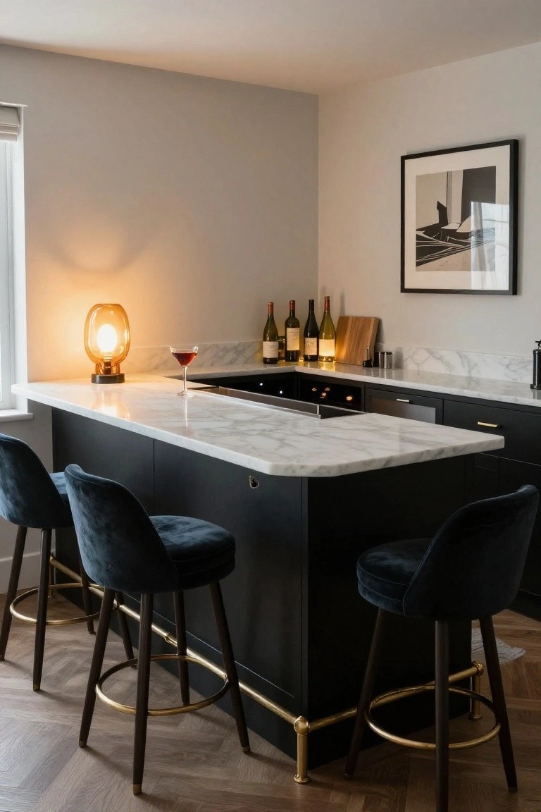 Kitchen bar island with black cabinets, white marble countertop, built-in wine racks holding several bottles, a glass of red wine, orange lamp, wood cutting board, and four navy velvet bar stools on herringbone wood floor.