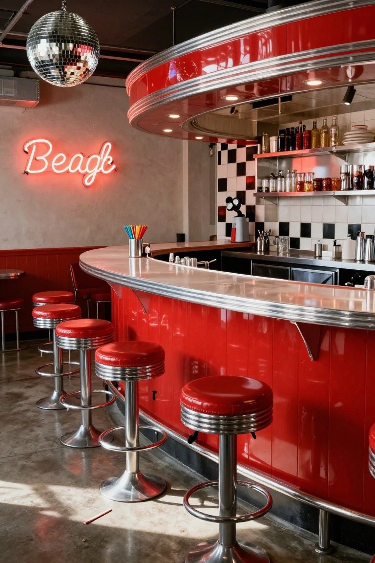 Curved red bar counter with chrome trim and red vinyl stools in a retro diner-style interior, neon 