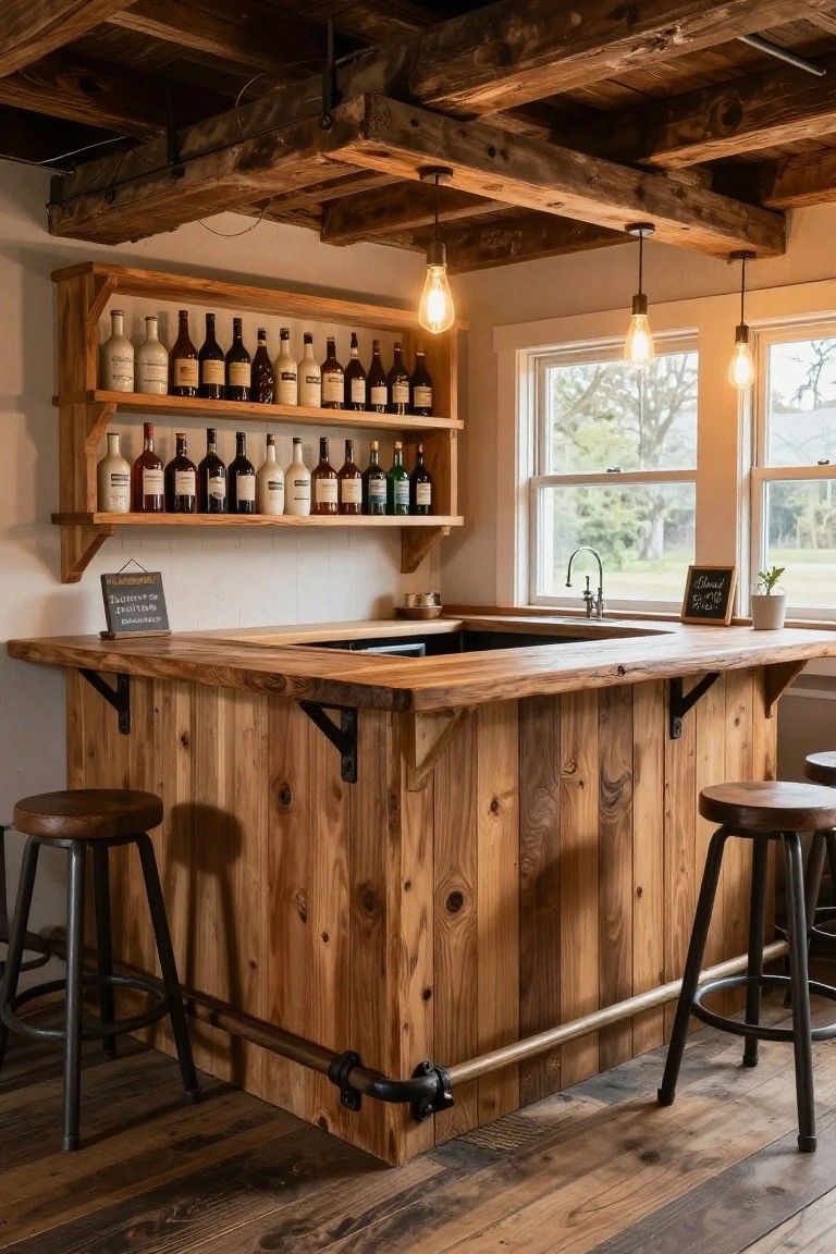 Rustic wooden home bar with live-edge countertop, shelves stocked with liquor bottles, two wooden stools, sink area, pendant lights, and windows showing trees outside.