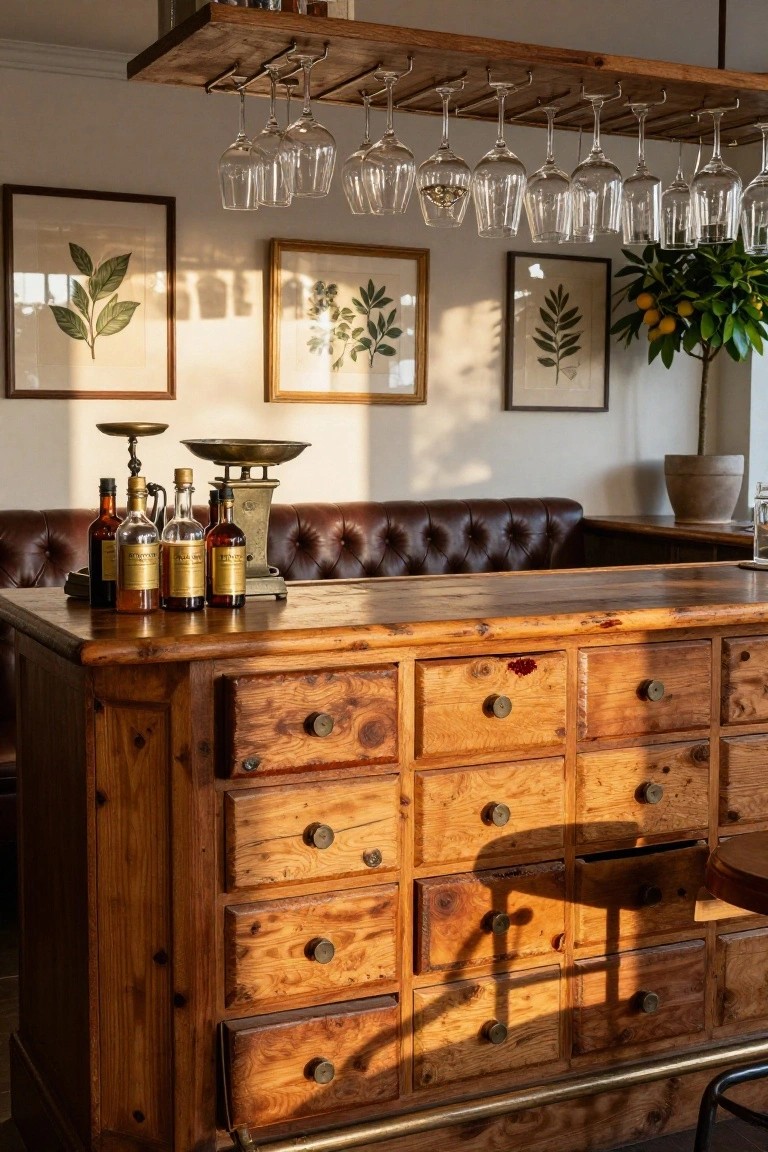 Rustic wooden bar cabinet with multiple small drawers and brass knobs, topped with amber glass bottles and brass scale on a wooden surface, wine glasses hanging from overhead rack, tufted leather bench adjacent, botanical prints on walls.