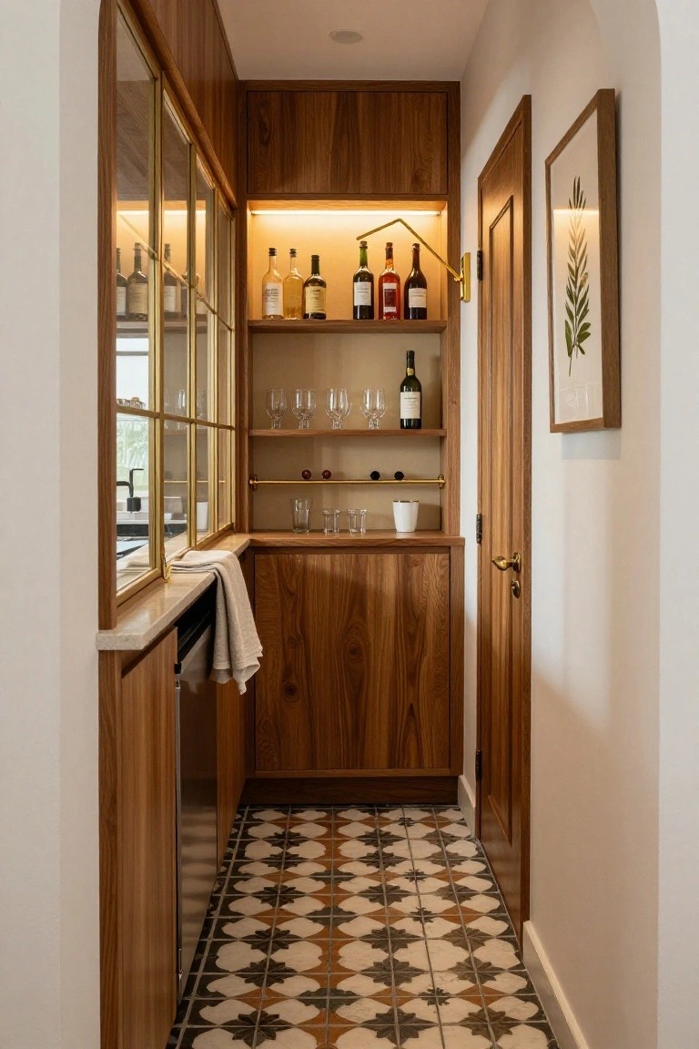 Narrow hallway with custom walnut wood cabinetry forming a home bar, featuring glass-fronted shelves with liquor bottles and glasses, countertop sink, dishwasher, and checkered tile floor.