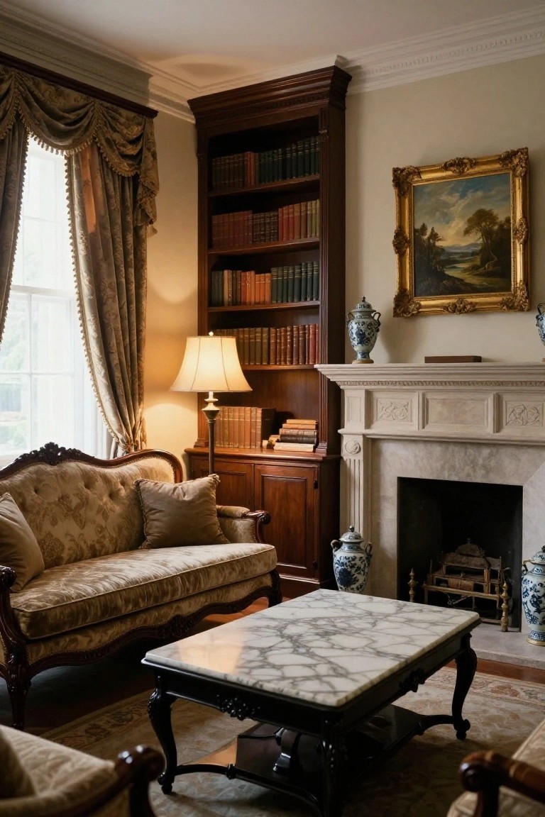 Traditional living room corner with cream tufted sofa, dark wood bookshelves filled with books flanking a limestone fireplace and mantel, marble-top coffee table, lamp, draped windows, and blue porcelain vases.