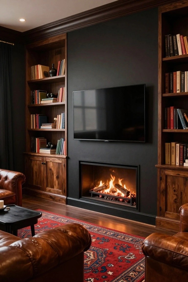 A cozy interior room with dark matte walls, tall wooden built-in bookshelves filled with books flanking a modern fireplace and wall-mounted TV, two brown leather armchairs, a black side table, red Persian rug, and hardwood floors.