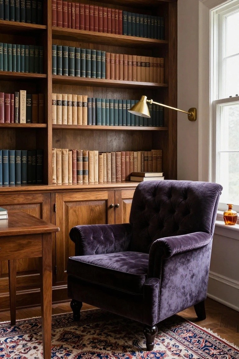Tall wooden bookshelves filled with multicolored books line the walls of a cozy study, next to a wooden desk, purple velvet tufted armchair, brass adjustable wall lamp, and a window with an amber glass bottle on the sill.