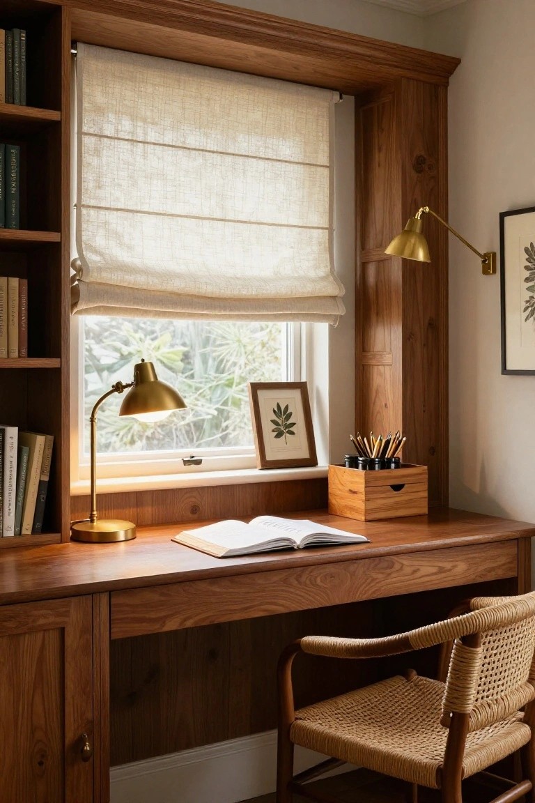 Wooden built-in desk and bookshelves forming a nook around a window with linen shade, gold desk lamp, rattan chair, open book, pencil holder, and framed botanical print.
