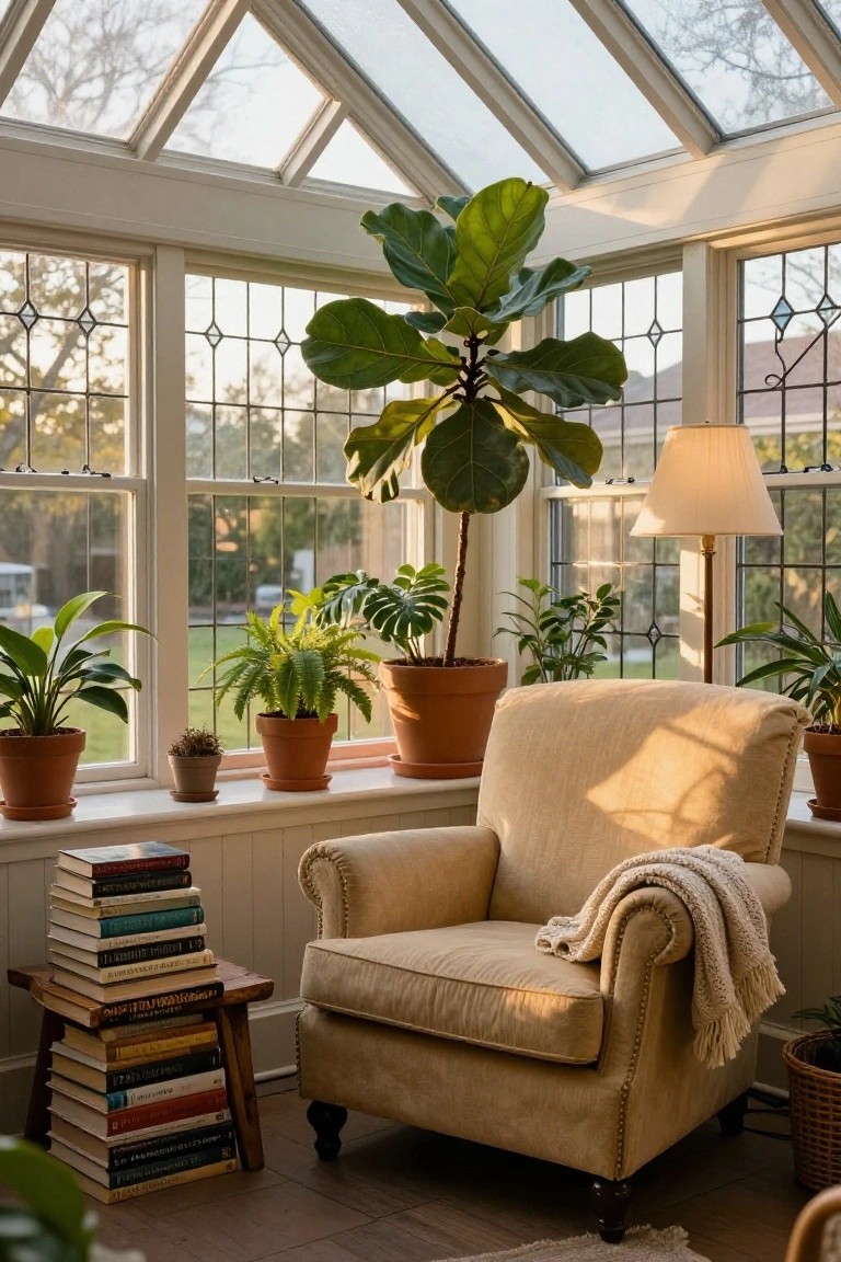 Beige armchair with cream throw in a sunroom surrounded by potted plants including a large fiddle leaf fig, stacks of books on a wooden stool next to the chair, large windows with leaded glass and a glass ceiling.