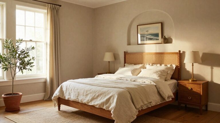 Sunlit corner of a bedroom with a king bed featuring rattan headboard and white linen bedding, wood nightstand with lamp, olive tree in terracotta pot by window, and beige rug on wood floor.