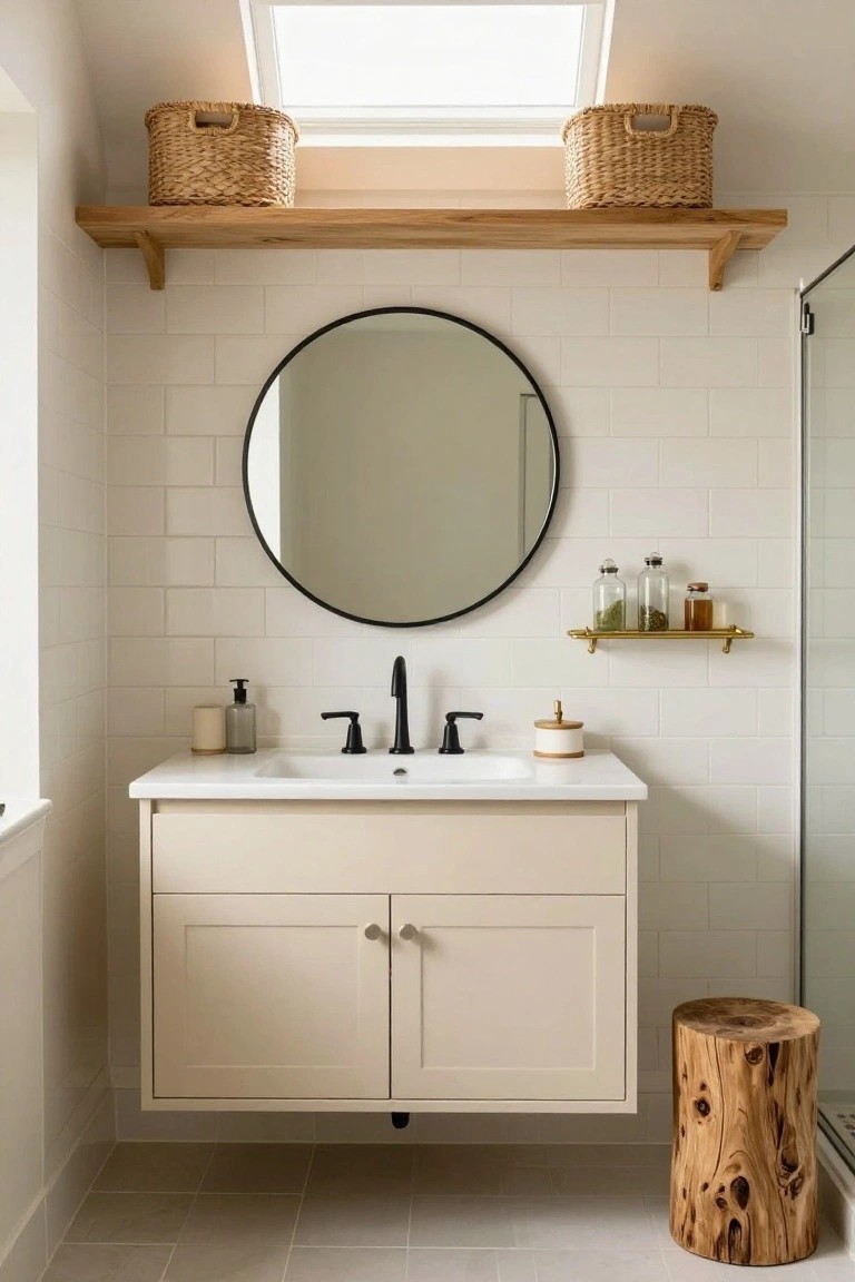 Bathroom with white subway tile walls, round black mirror, floating beige vanity with black faucet, oak shelf holding baskets, gold wall shelf with glass jars, wood stump stool, and skylight above.