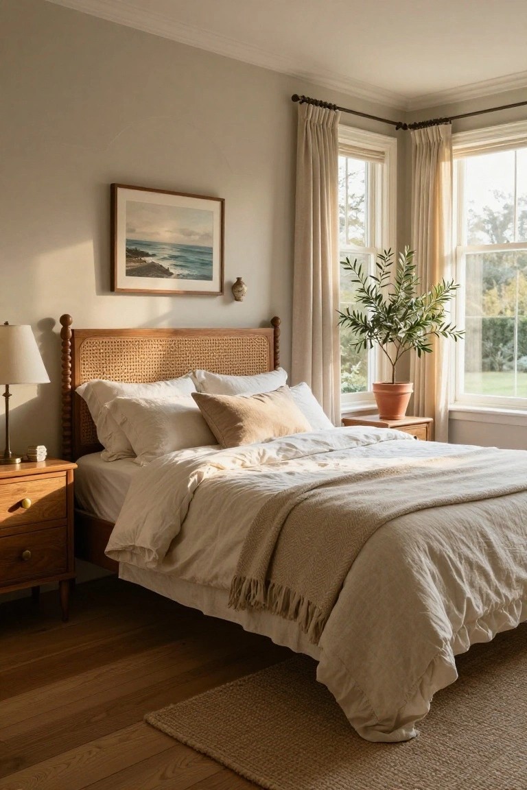 Sunlit corner of a bedroom with a king bed featuring rattan headboard and white linen bedding, wood nightstand with lamp, olive tree in terracotta pot by window, and beige rug on wood floor.