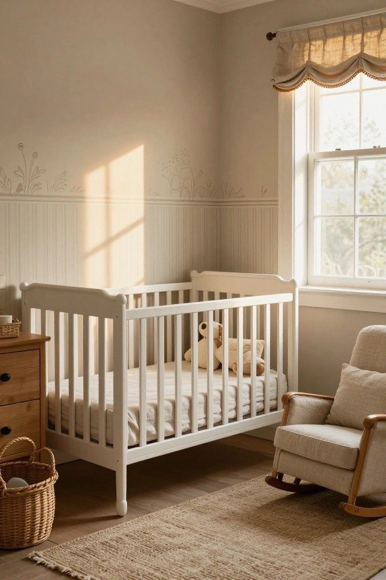 Nursery room with beige walls featuring subtle floral decals above white beadboard wainscoting, white wooden crib holding a teddy bear and beige linens, wooden dresser, wicker basket on floor, cream rocking chair, seagrass rug, and double window with beige curtains.