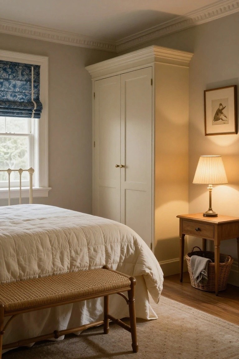 Bedroom interior with tall cream wardrobe, white bed with duvet, wooden nightstand and lamp, rattan bench at bed foot, blue roman shade on window, neutral walls and wood floor.
