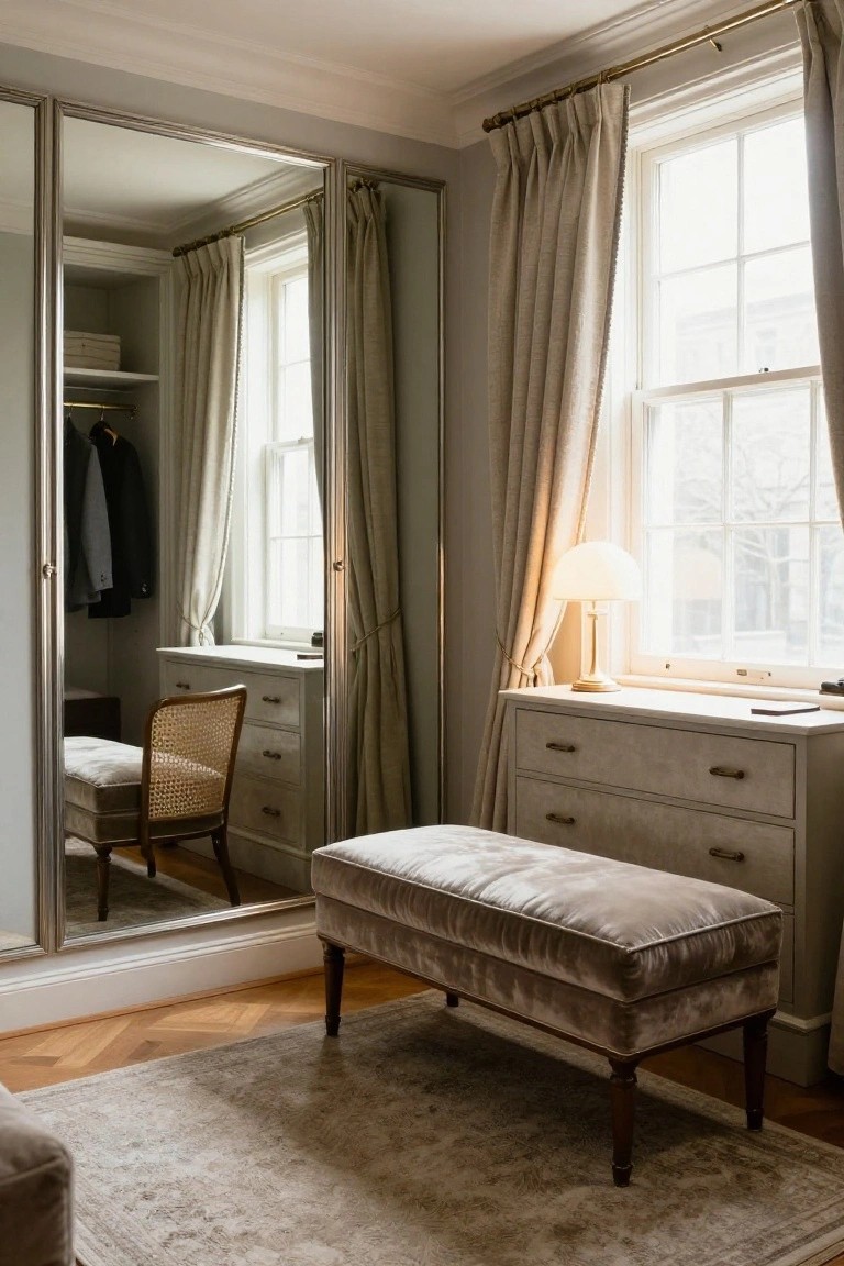 A pale gray velvet bench positioned in front of a low white dresser in a dressing room with floor-to-ceiling mirrored wardrobe doors, rattan chair, brass lamp, beige curtains on a window, and parquet flooring with a light rug.