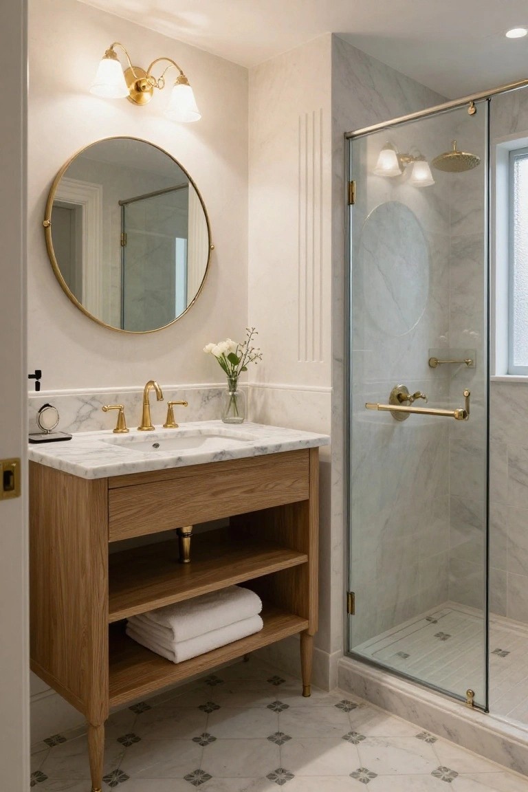 Bathroom with light wood vanity cabinet on marble countertop, gold faucets and hardware, round gold mirror, white flowers in vase, and glass shower enclosure on patterned marble tile floor.
