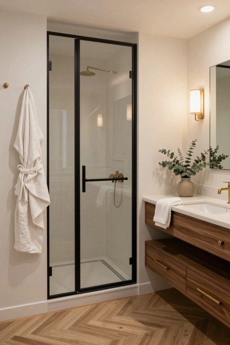 Contemporary bathroom with black-framed glass shower enclosure, floating wood-tone vanity under white quartz sink, folded white towels, potted eucalyptus, wall mirror, and herringbone wood-look floor.