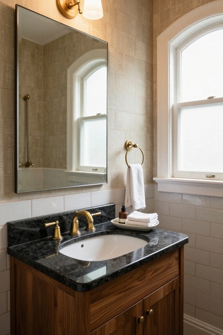 Bathroom vanity with black granite countertop, white undermount sink, brass faucet and handles, walnut wood cabinets, towel ring with white towel, and stacked towels on the counter beside a large framed mirror.