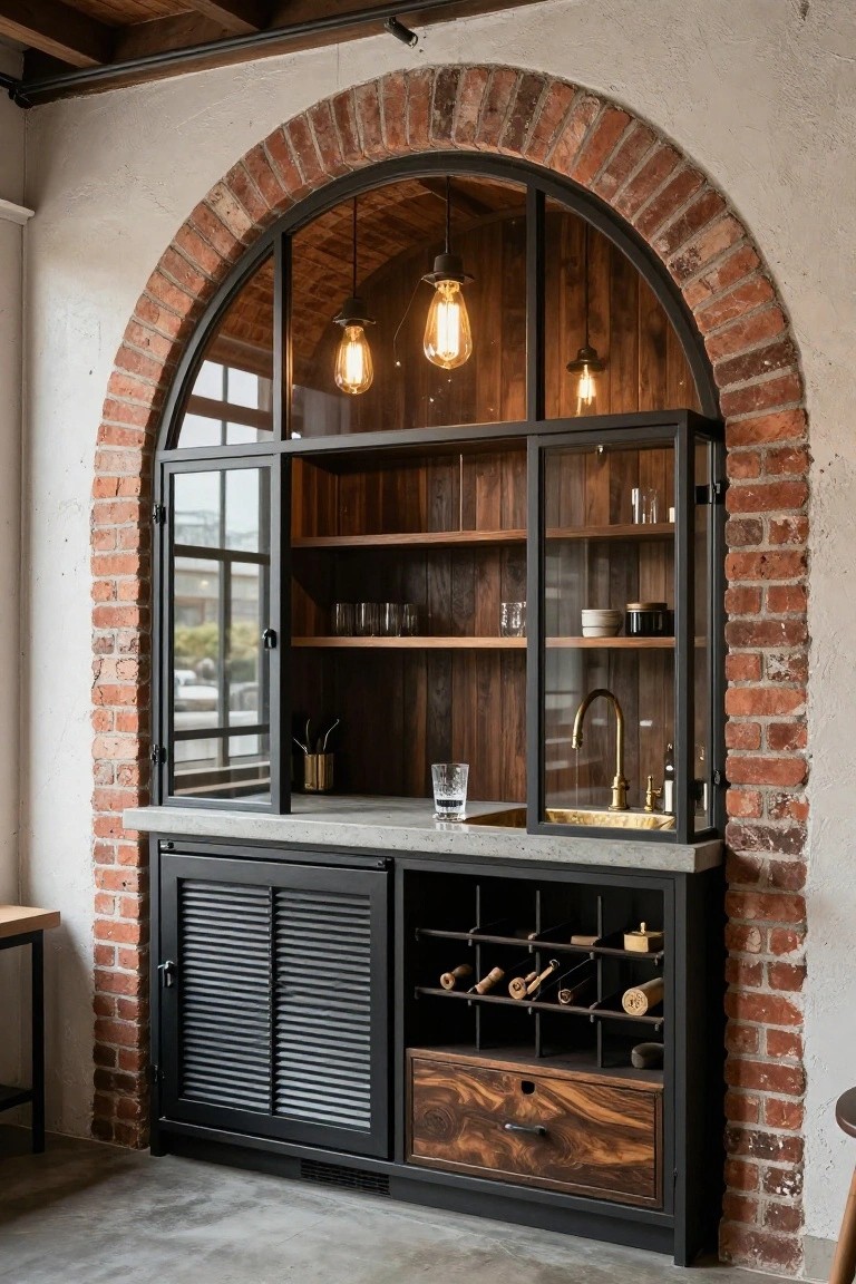 Custom built-in bar cabinet integrated into an arched exposed brick wall with black metal and glass doors, wooden shelves holding glassware, a brass gooseneck faucet and sink on a concrete countertop, and lower cabinet with wine racks and slatted doors.