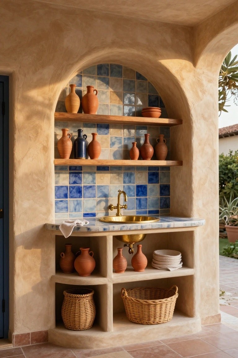 Outdoor arched alcove built-in with wooden shelves holding terracotta pots and blue bowls, blue tiled sink area with gold faucet, and woven baskets in lower cabinets against beige stucco walls.