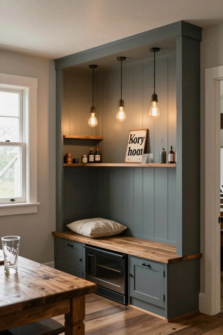 Gray paneled built-in wall unit in a kitchen with wood shelves displaying bottles and jars, three hanging pendant lights, cushioned bench seat, and lower cabinets containing a wine fridge and microwave, adjacent to a wooden dining table.