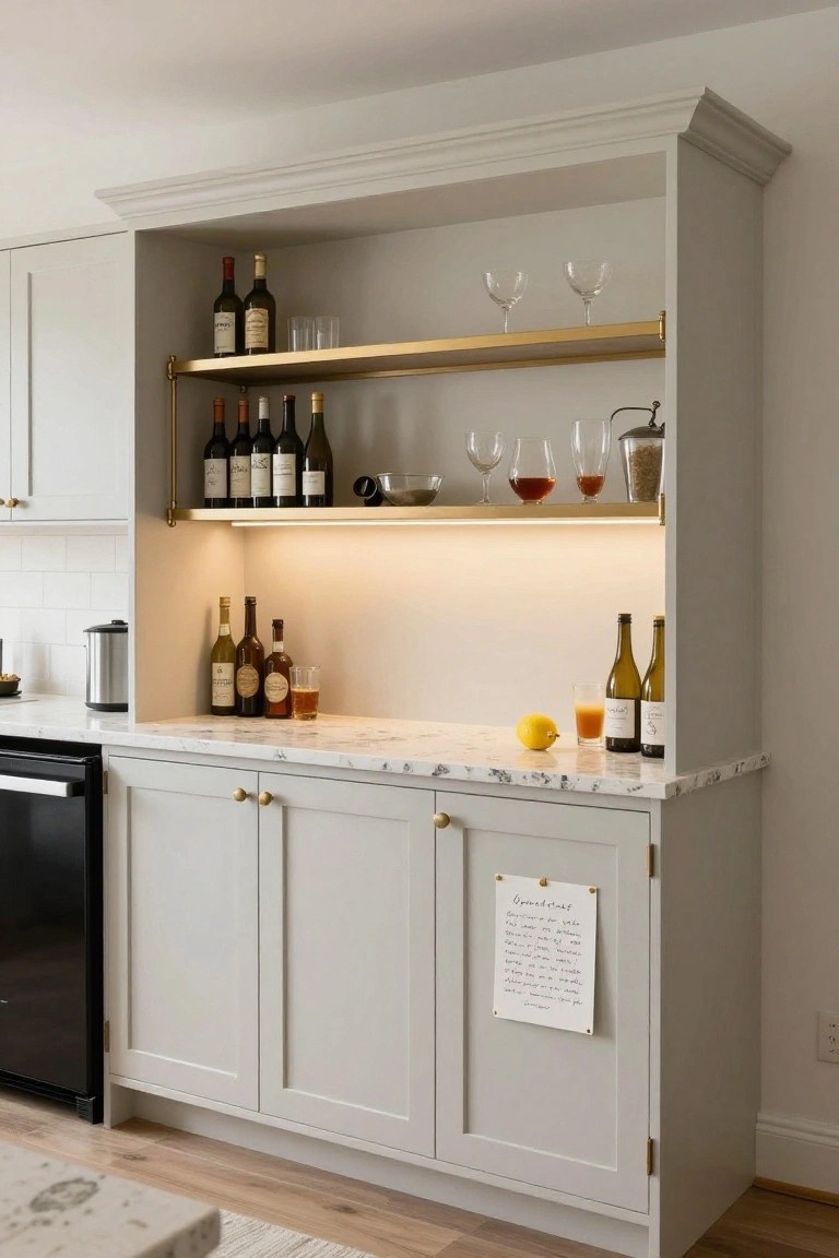 Tall light gray built-in bar cabinet with open brass rod shelving displaying red and white wine bottles, glasses, decanters, and under-shelf LED lighting, atop a marble countertop with drinks next to kitchen appliances.