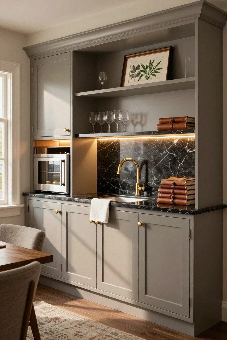 Tall gray built-in cabinet unit with open upper shelving holding glassware, books, and framed art, lower section featuring microwave drawer, black marble backsplash and countertop with gold gooseneck faucet sink, and nearby upholstered dining chairs.