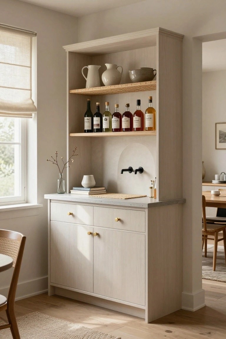 Light wood built-in bar cabinet with open upper shelves displaying rows of liquor bottles, a white countertop with black faucet and sink, lower drawers, and nearby chairs in a bright interior room.