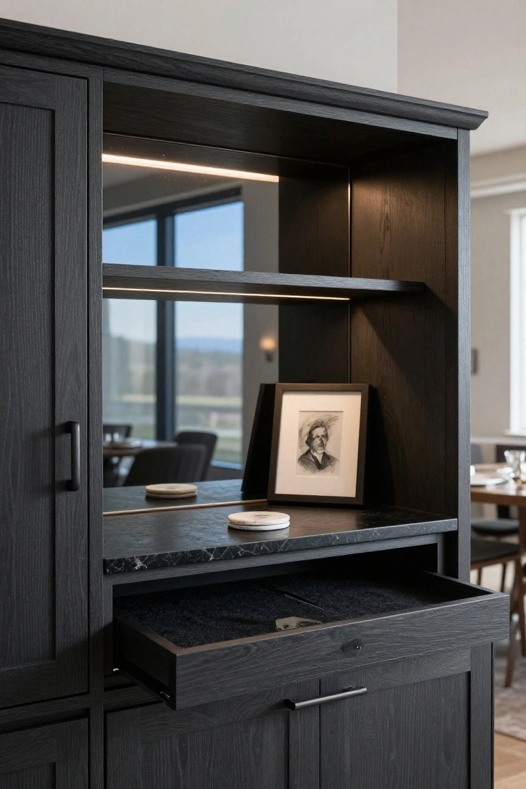 Dark wood built-in cabinet with mirrored back panel, LED-lit shelves holding a framed sketch and coasters on a black marble top, open felt-lined drawer below, and adjacent doors in an indoor room with window view.