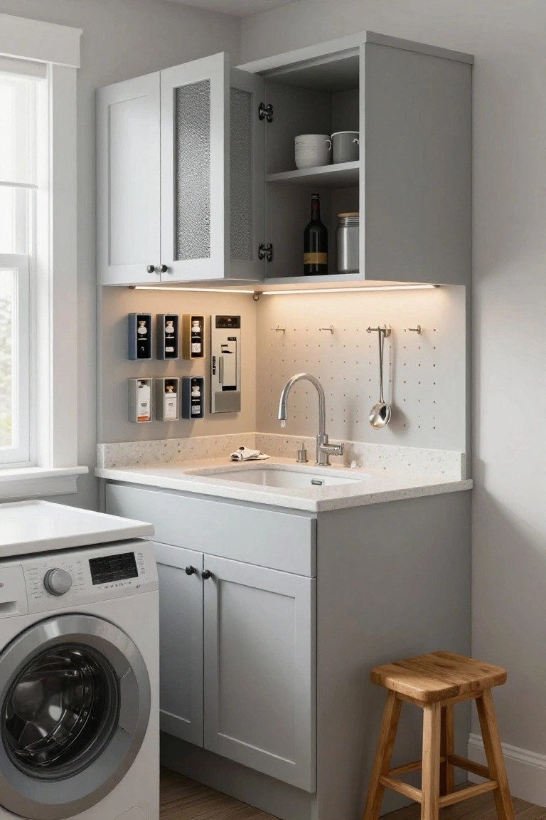 Gray Shaker-style cabinets with glass-front upper doors surround a white countertop sink, featuring wall-mounted bottle organizers, pegboard hooks with utensils, and a white front-loading washer adjacent to the setup.