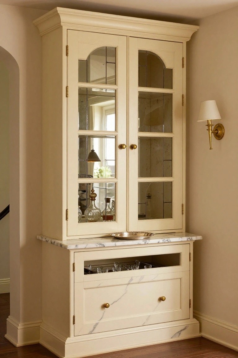 Tall cream wooden cabinet with arched glass doors displaying liquor bottles and glassware, marble countertop, open lower shelf with glasses, and drawer, positioned in a beige interior corner next to an archway and wall lamp.