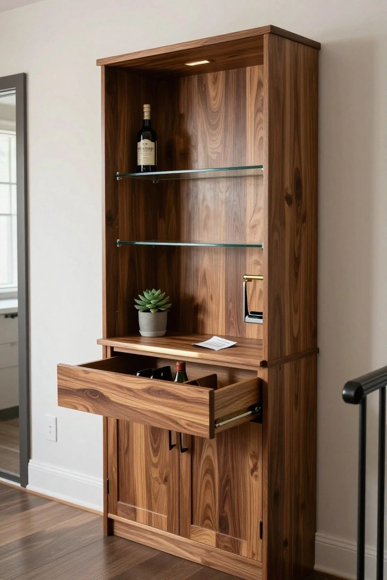 Tall wooden bar cabinet with upper glass shelves holding a wine bottle and potted succulent, open middle drawer revealing sideways-stored wine bottles, integrated LED lighting, and lower cabinet doors with gold handles, against a white wall near a staircase railing.